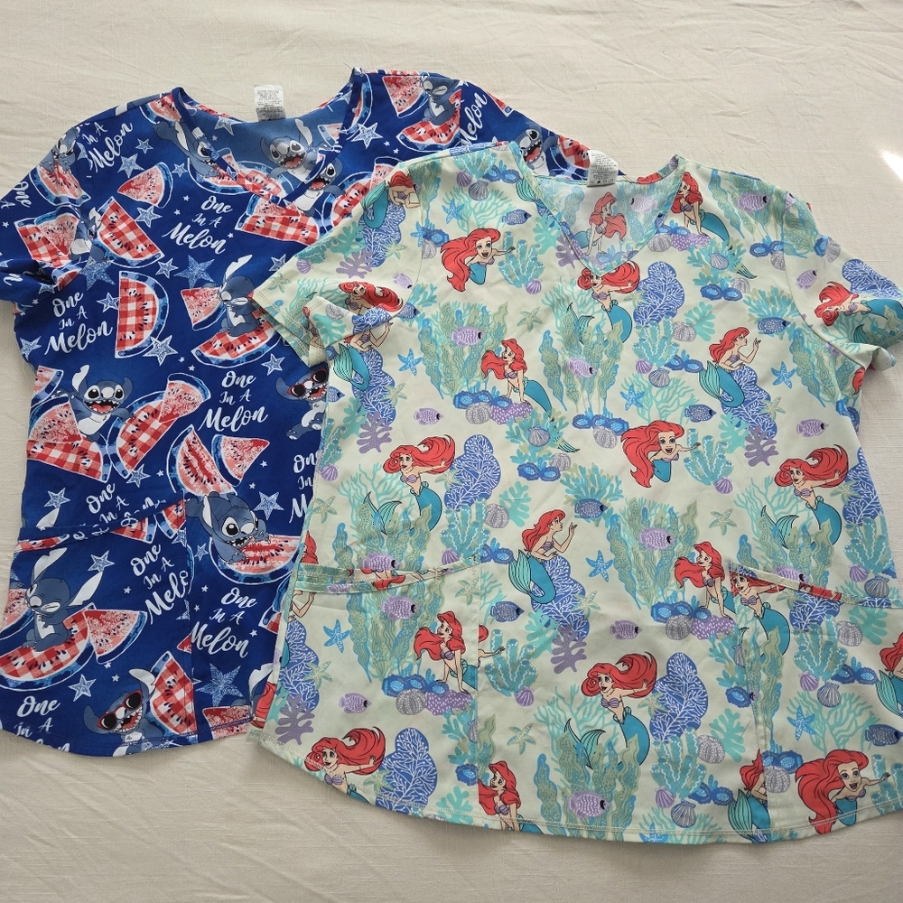 Disney Scrub Tops Bundle XL Little Mermaid Lilo & Stitch Shirts Womens Ariel - Picture 1 of 15